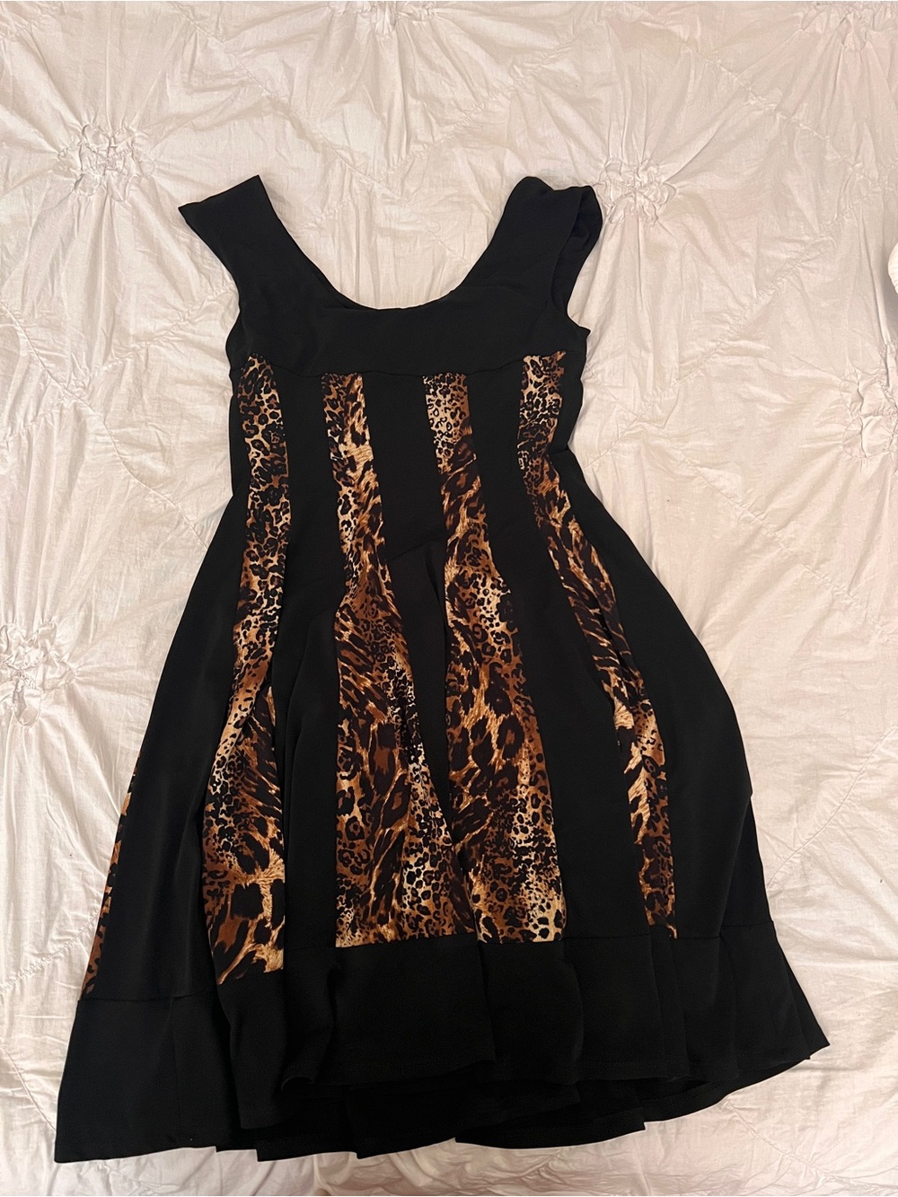 connected apparel Black Mini Dress with Leopard-Print Panels